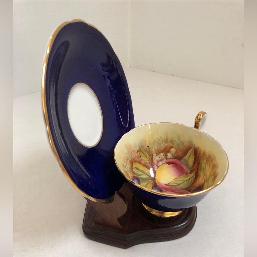 Aynsley Tea Cup & Saucer Cobalt Blue Orchard Fruit England Bone China Gold Rim - Picture 4 of 11